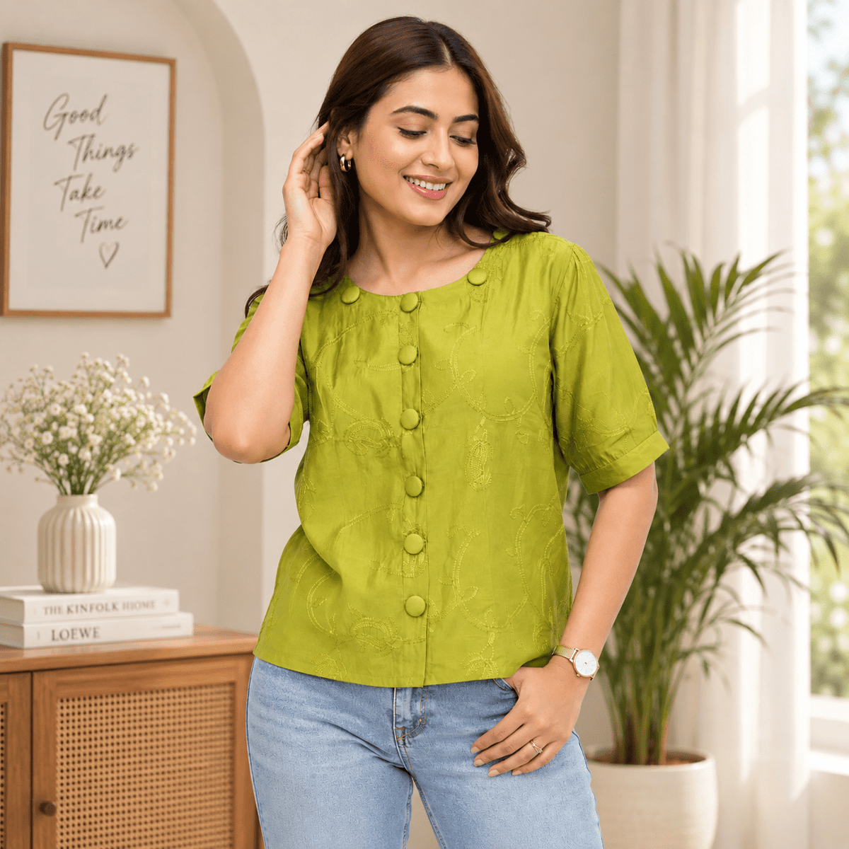 Olive Green Embroidered Front-Button Top - ANS Billion