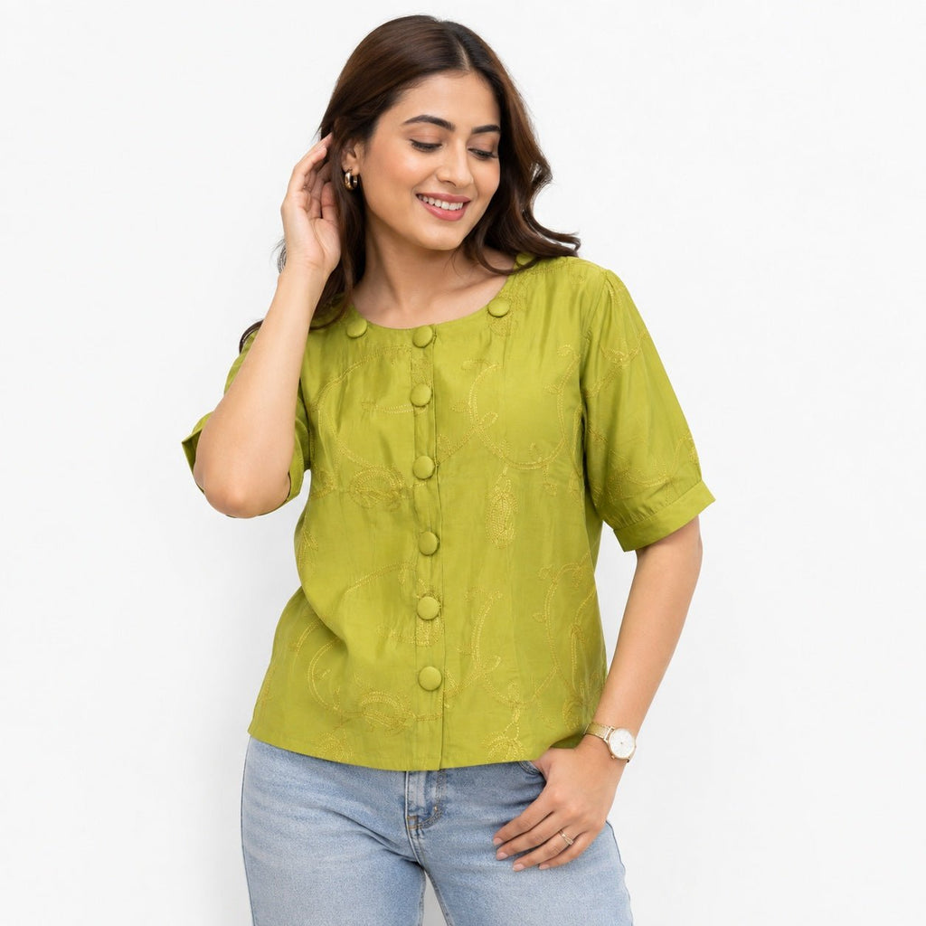 Olive Green Embroidered Front-Button Top - ANS Billion
