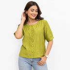 Olive Green Embroidered Front-Button Top - ANS Billion