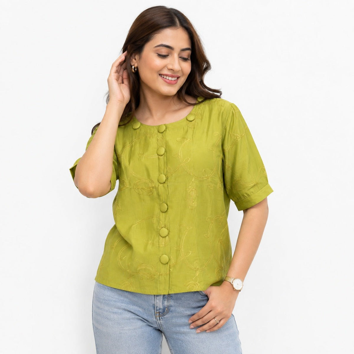 Olive Green Embroidered Front-Button Top - ANS Billion