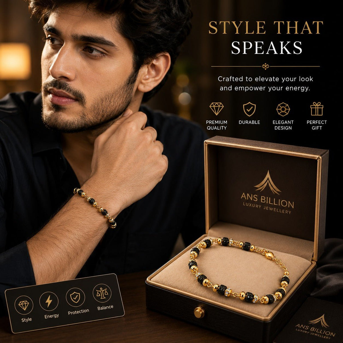 Premium Black &amp; Gold Beaded Bracelet for Men | Adjustable Fashion Wrist Bracelet - ANS Billion