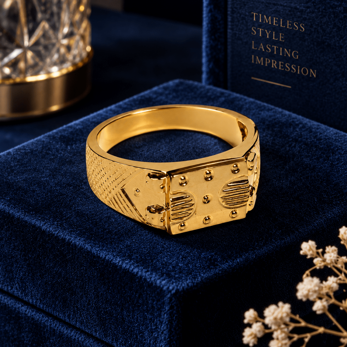 Premium Gold Finish Designer Ring for Men | Classic Engraved Statement Band - ANS Billion