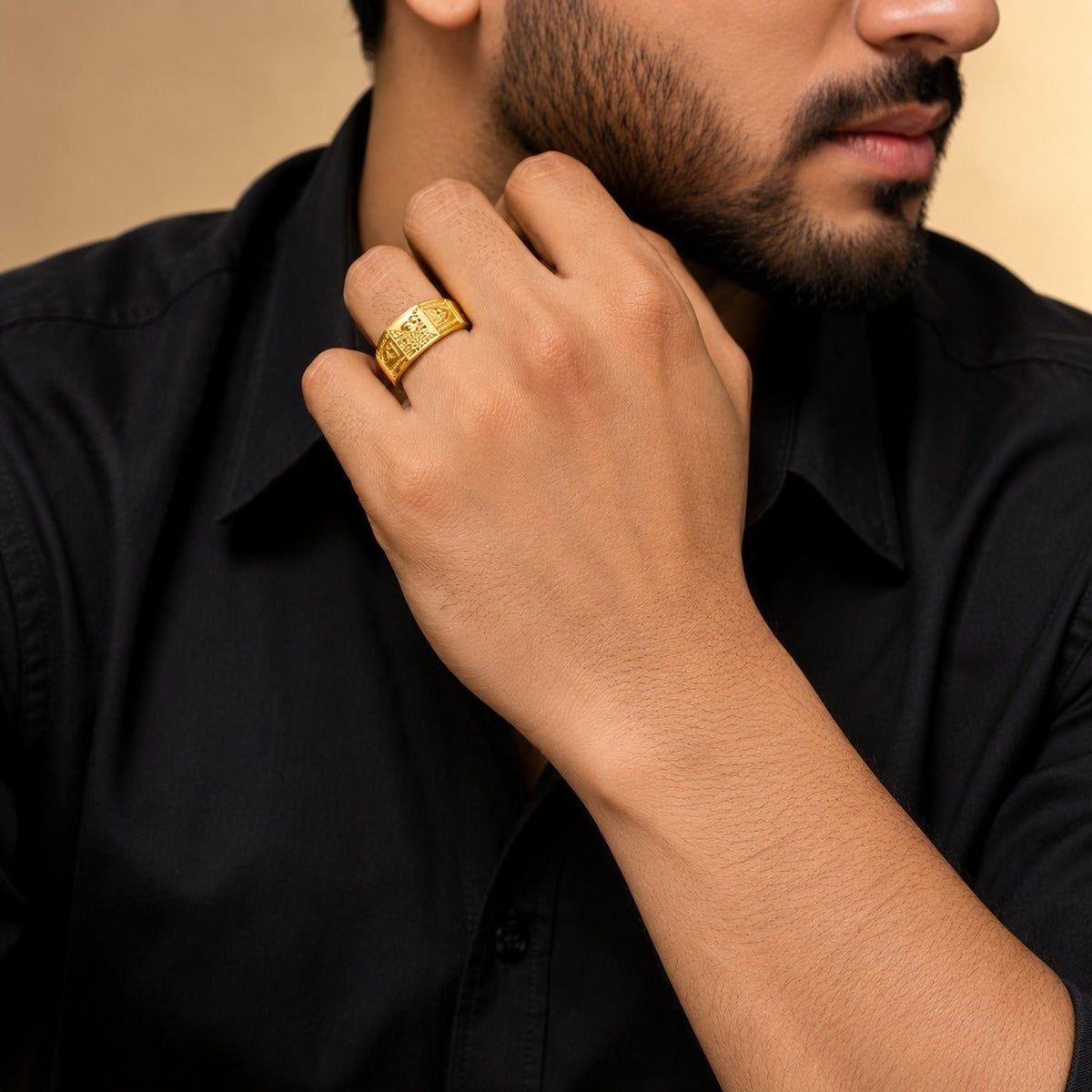 Premium Gold Finish Designer Ring for Men | Classic Engraved Statement Band - ANS Billion