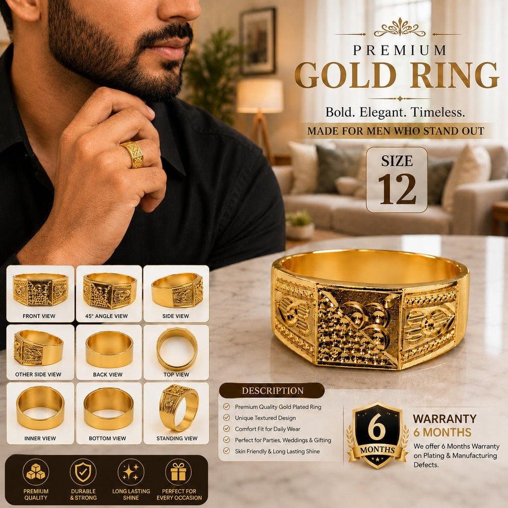 Premium Gold Finish Designer Ring for Men | Classic Engraved Statement Band - ANS Billion