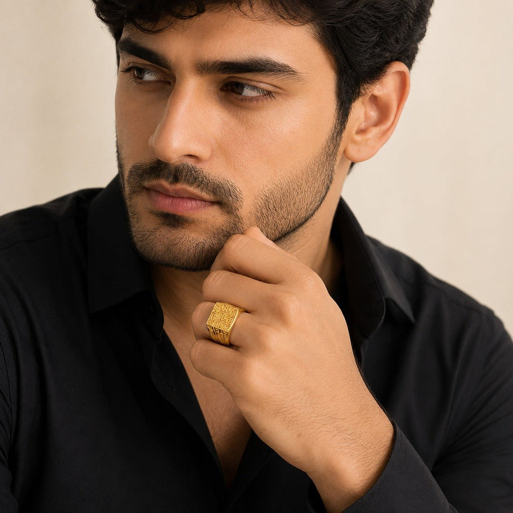 Premium Gold Finish Designer Ring for Men | Classic Engraved Statement Band - ANS Billion