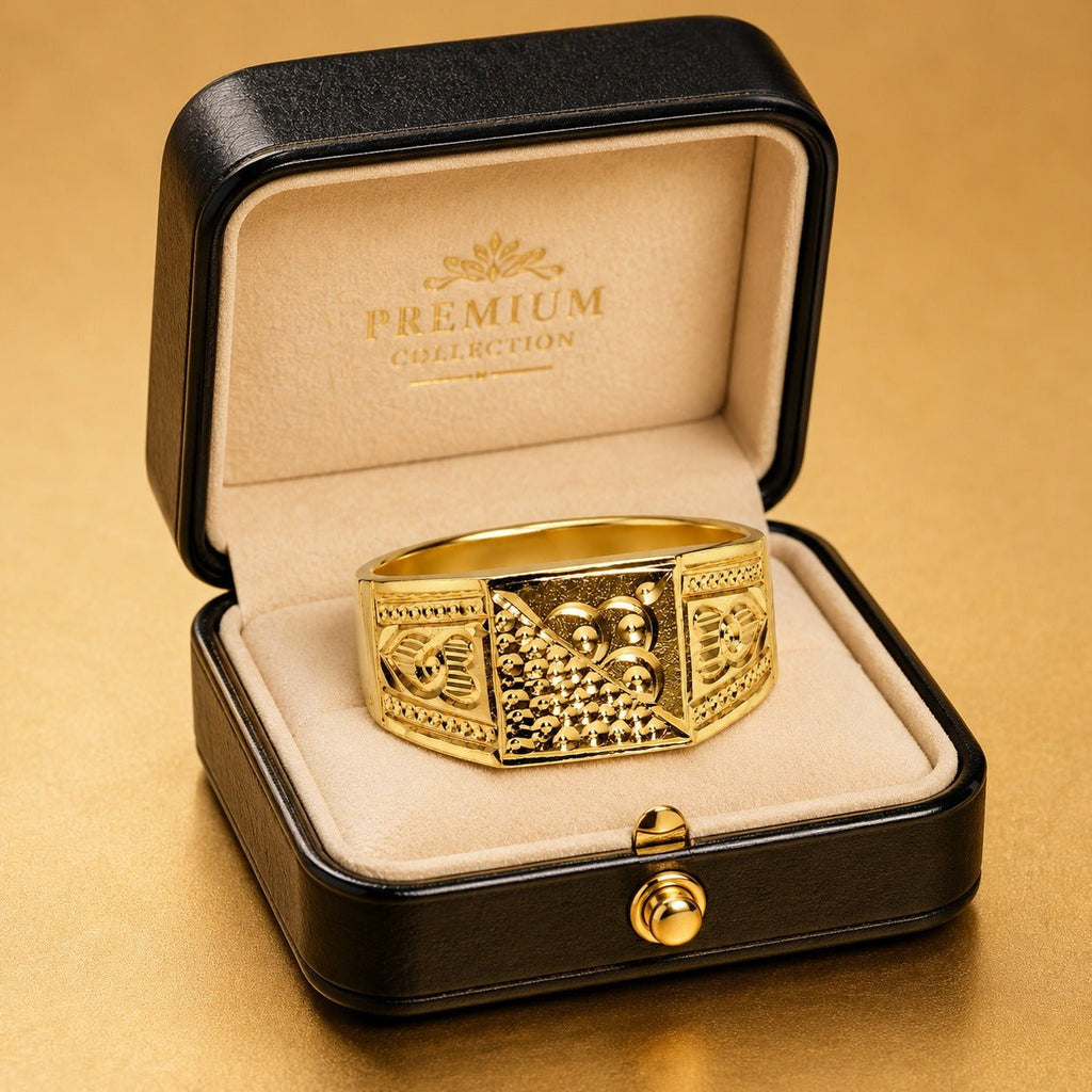 Premium Gold Finish Designer Ring for Men | Classic Engraved Statement Band - ANS Billion