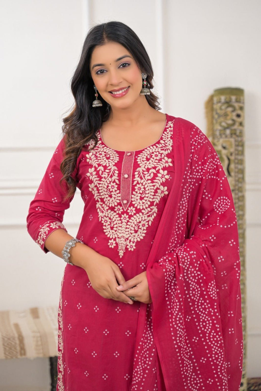 Premium pink chikankari - style embroidered kurta set for women. - VNS Laxury