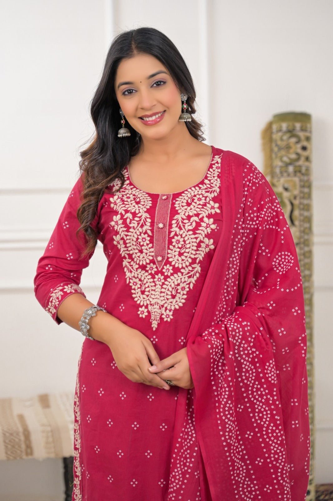 Premium pink chikankari - style embroidered kurta set for women. - VNS Laxury