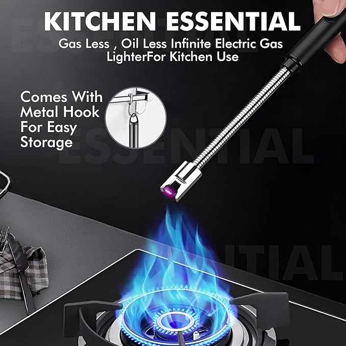 Rechargeable Electric Gas Lighter for Kitchen, Lighter for Gas Stove, Candles, Pooja, 1 Year Warranty, C - Type USB, Kitchen Tools, Multi Purpose – 360° Flexible & Windproof, Black - VNS Laxury