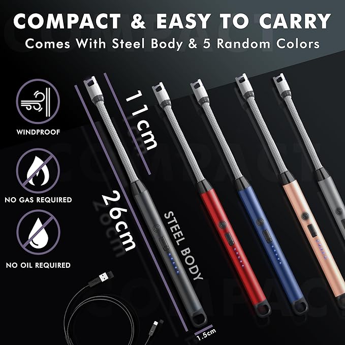 Rechargeable Electric Gas Lighter for Kitchen, Lighter for Gas Stove, Candles, Pooja, 1 Year Warranty, C - Type USB, Kitchen Tools, Multi Purpose – 360° Flexible & Windproof, Black - VNS Laxury