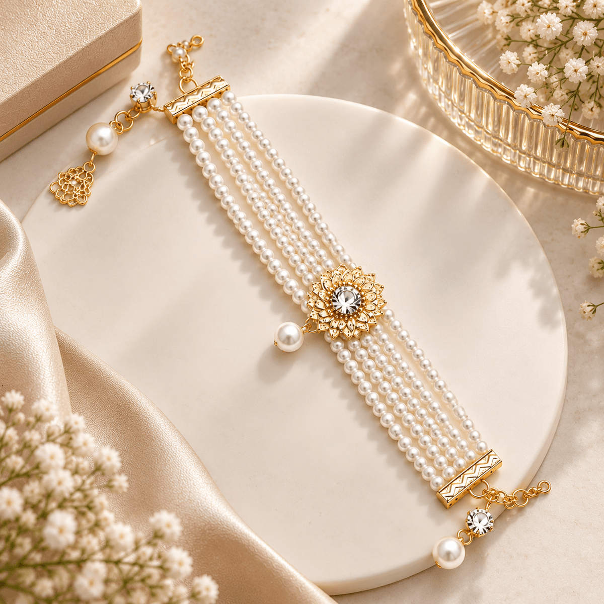 Royal Multi-Strand Pearl Bracelet with Crystal Floral Charm - ANS Billion