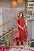 Rustic Charm: Terracotta Red Anarkali Kurta Set with Printed Dupatta - VNS Laxury