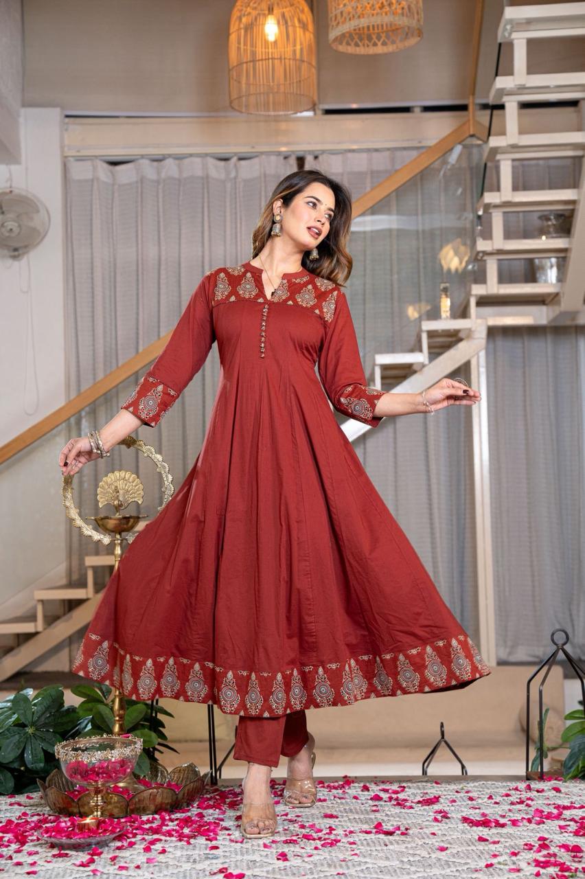 Rustic Charm: Terracotta Red Anarkali Kurta Set with Printed Dupatta - VNS Laxury