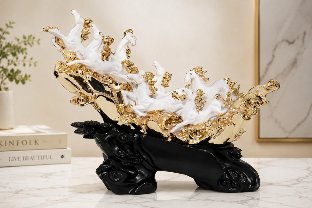 Seven Horses Jumping Gold Plated Resin Statue for Interior Decor. - ANS Billons