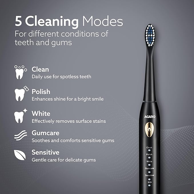 Sonic Electric Tooth Brush For Adults With 5 Modes, 2 Brush Heads & Rechargeable With 4 Hours Charge Lasting Up to 25 Days, Power Toothbrush, (Black) - VNS Laxury