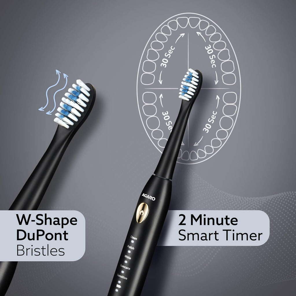 Sonic Electric Tooth Brush For Adults With 5 Modes, 2 Brush Heads & Rechargeable With 4 Hours Charge Lasting Up to 25 Days, Power Toothbrush, (Black) - VNS Laxury