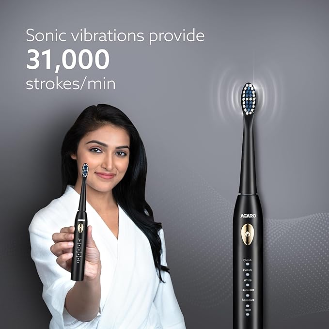 Sonic Electric Tooth Brush For Adults With 5 Modes, 2 Brush Heads & Rechargeable With 4 Hours Charge Lasting Up to 25 Days, Power Toothbrush, (Black) - VNS Laxury