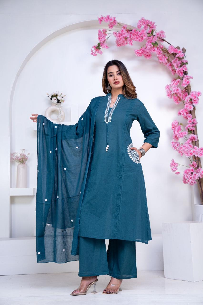 teal blue embroidered cotton kurta set with dupatta. - VNS Laxury