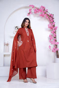 The "Rust Radiance" Cotton Kurta Set with Embroid - VNS Laxury