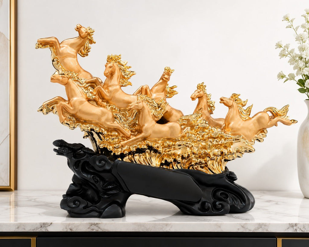 UAG Exports gold finish resin statue of seven running horses, designed for home and office decor. - ANS Billons