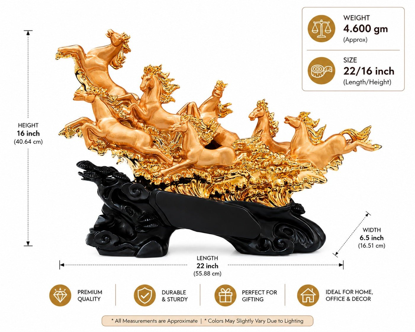 UAG Exports gold finish resin statue of seven running horses, designed for home and office decor. - ANS Billons