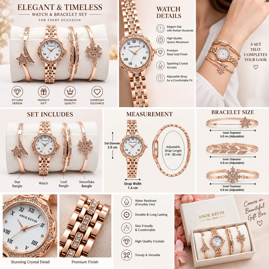 Ande Kleyn Women's Rose Gold Watch and Bracelet Set - Gift Boxed Jewelry Set for Women