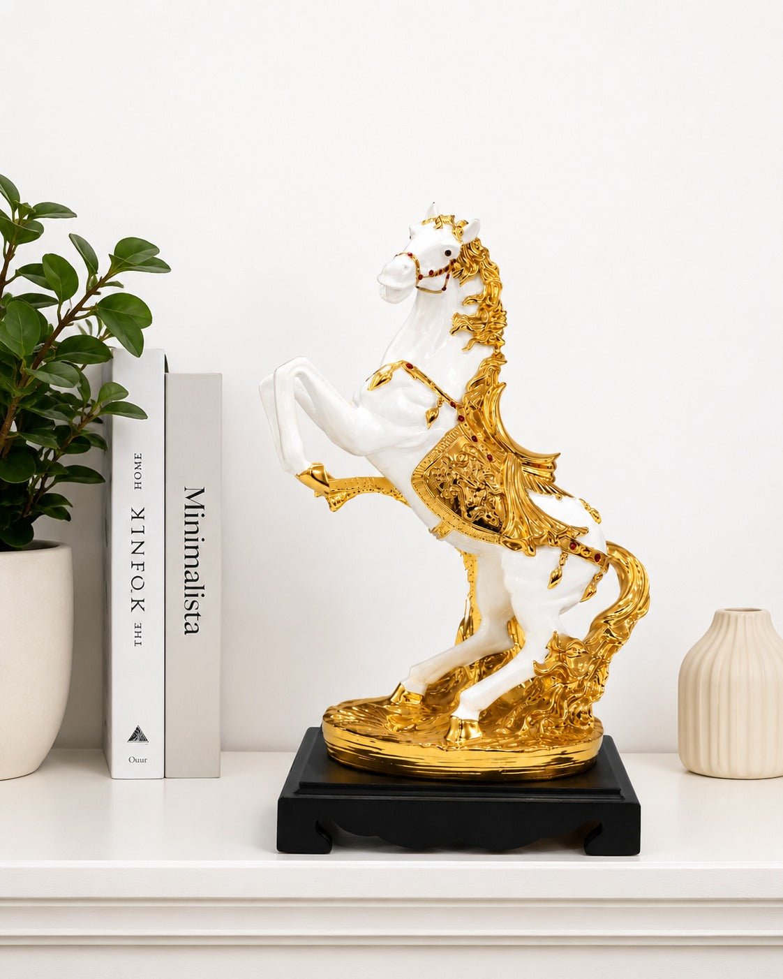 white and gold resin horse statue - ANS Billons