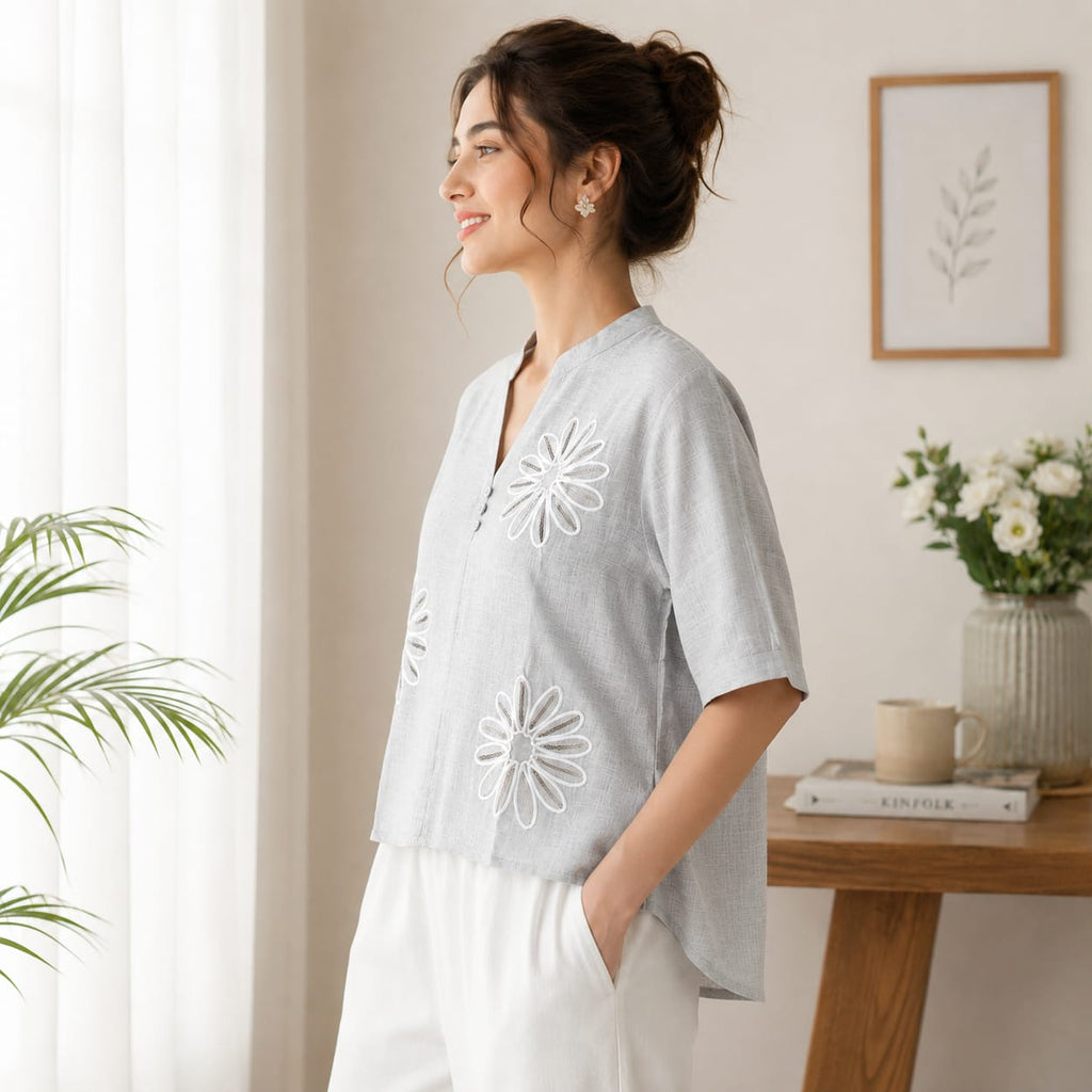 Women's 100% Cotton Embroidered Floral Top - ANS Billion