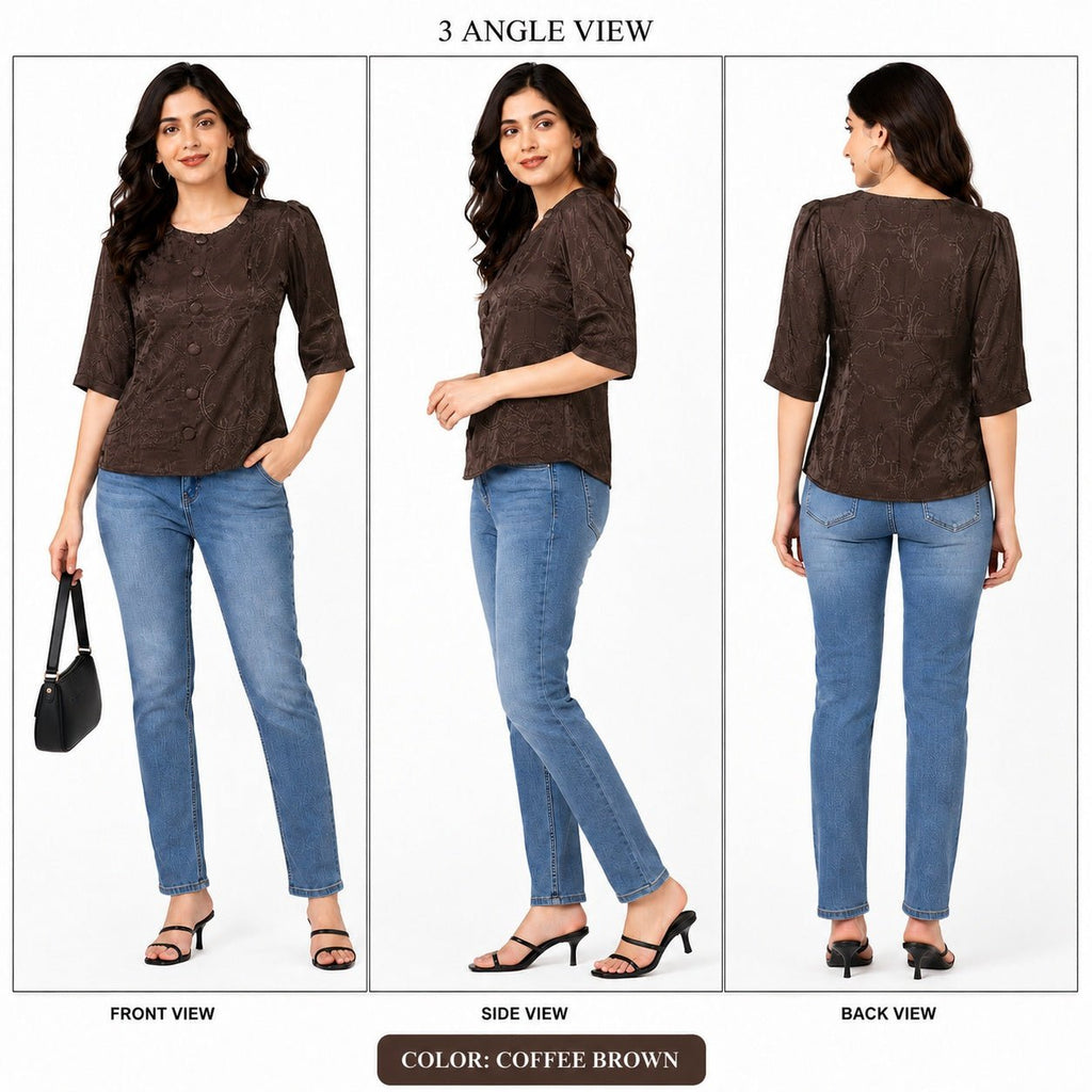 Women’s Brown Printed Front-Button Top - ANS Billion