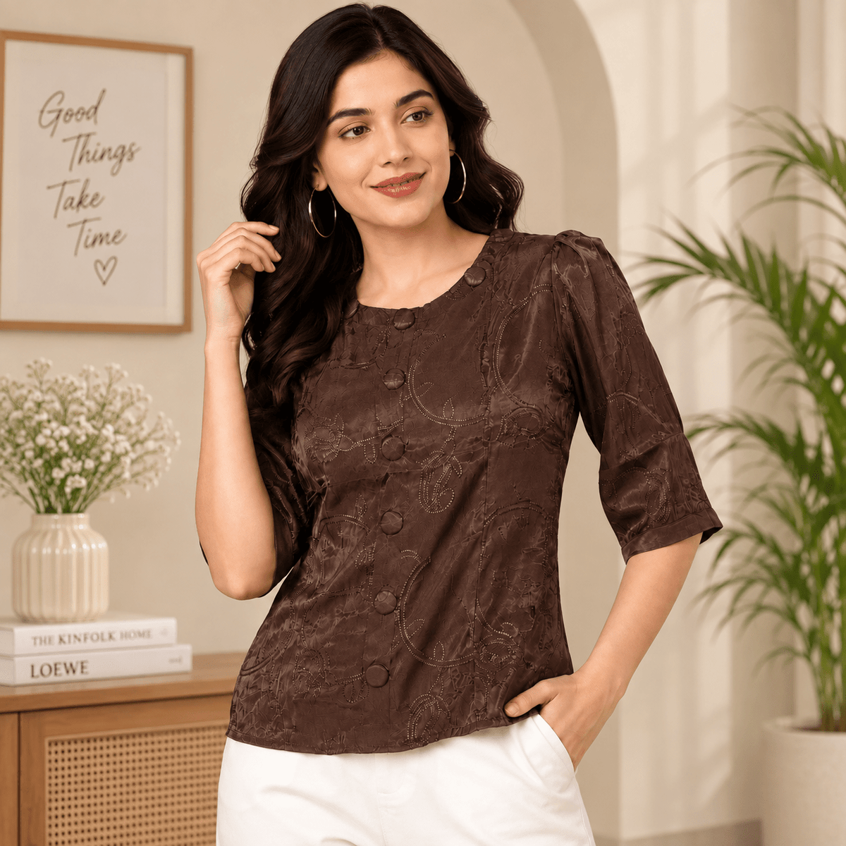 Women’s Brown Printed Front-Button Top - ANS Billion