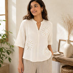 Women’s Cream Floral Embroidered Mandarin Collar Top - ANS Billion