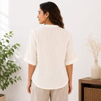 Women’s Cream Floral Embroidered Mandarin Collar Top - ANS Billion
