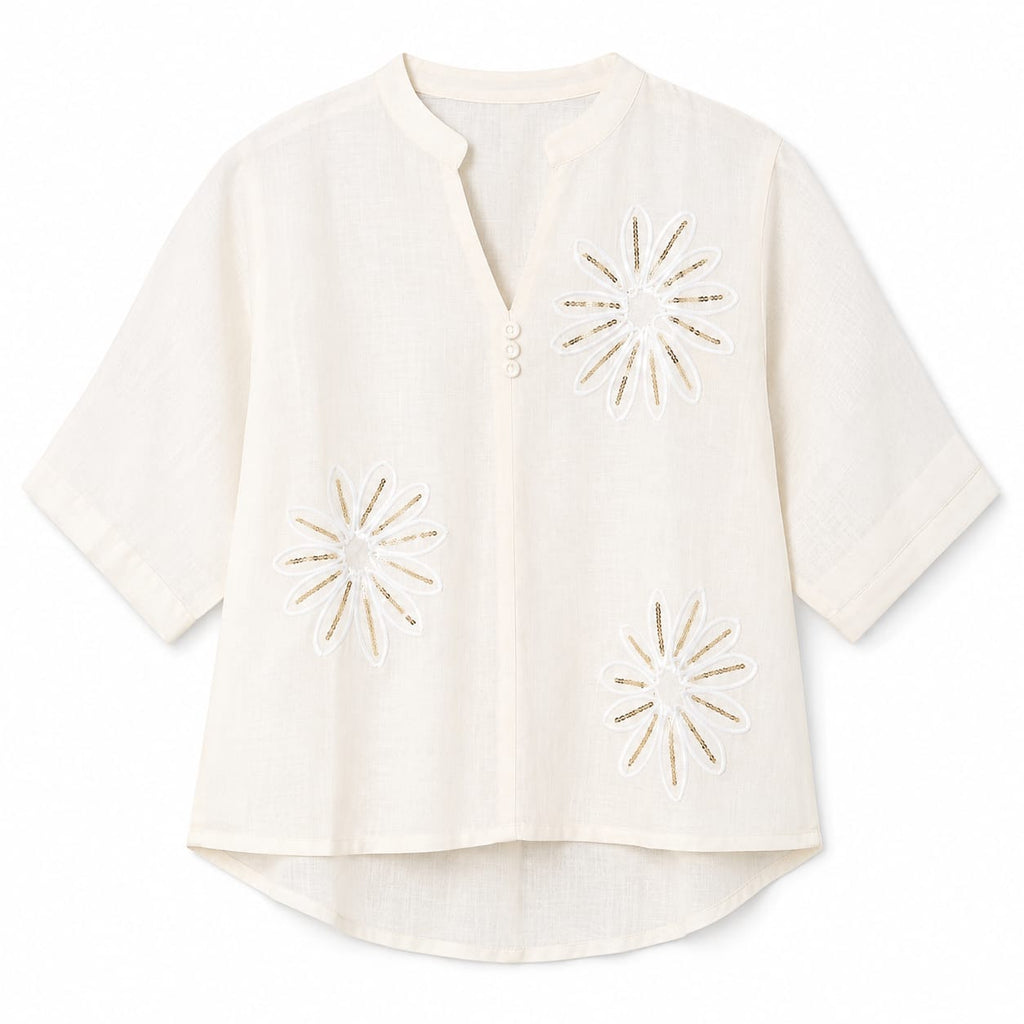 Women’s Cream Floral Embroidered Mandarin Collar Top - ANS Billion