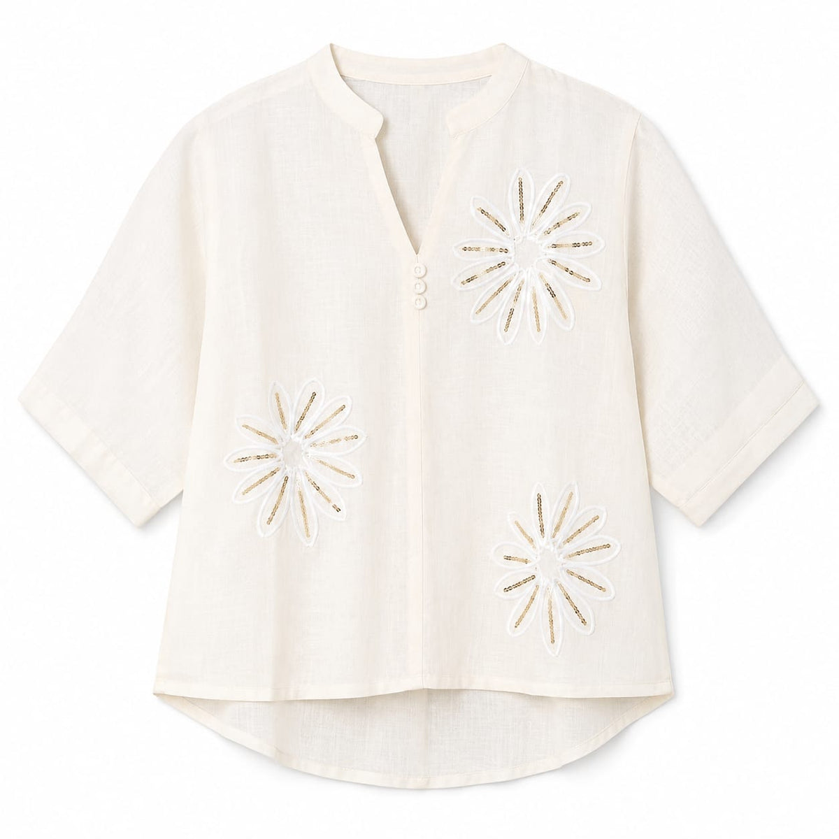 Women’s Cream Floral Embroidered Mandarin Collar Top - ANS Billion