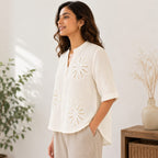 Women’s Cream Floral Embroidered Mandarin Collar Top - ANS Billion