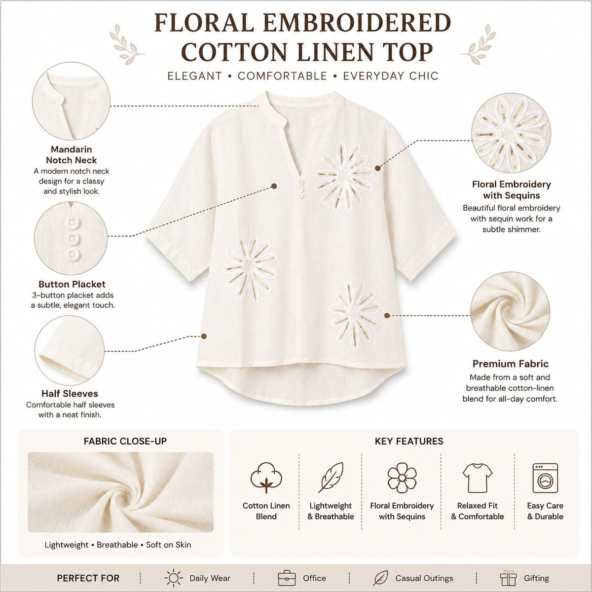 Women’s Cream Floral Embroidered Mandarin Collar Top - ANS Billion
