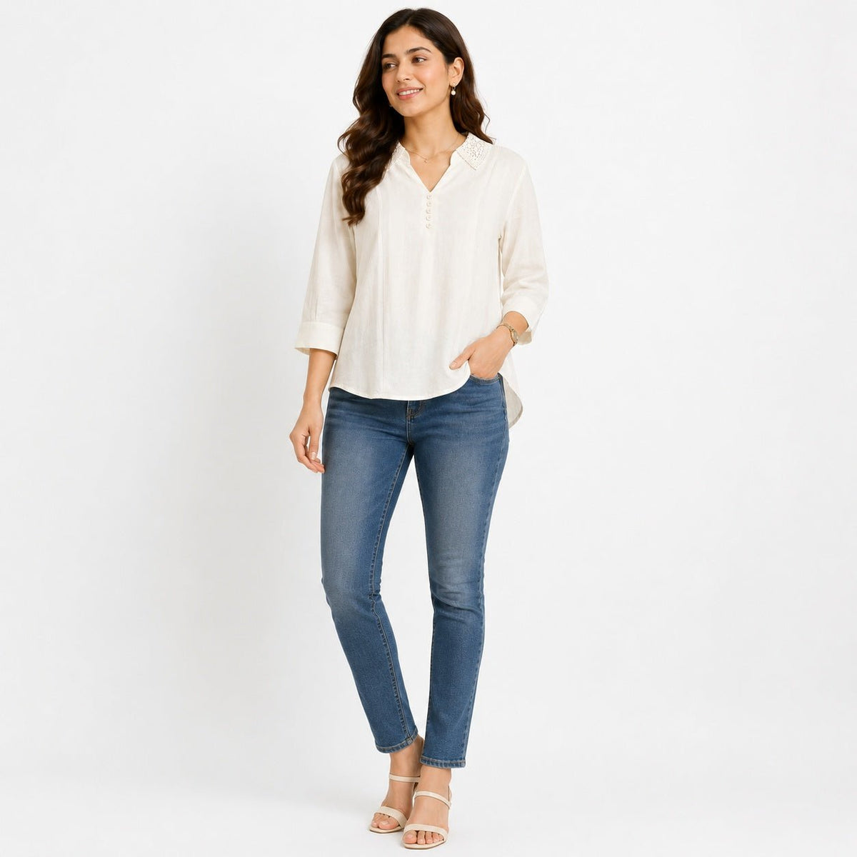 Women’s Cream White Collar Top - ANS Billion