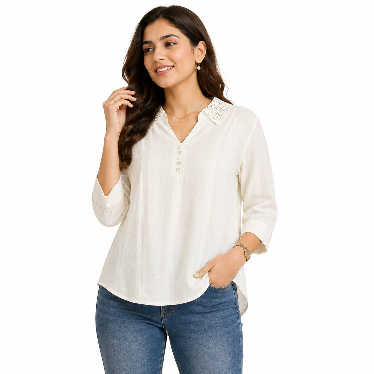 Women’s Cream White Collar Top - ANS Billion