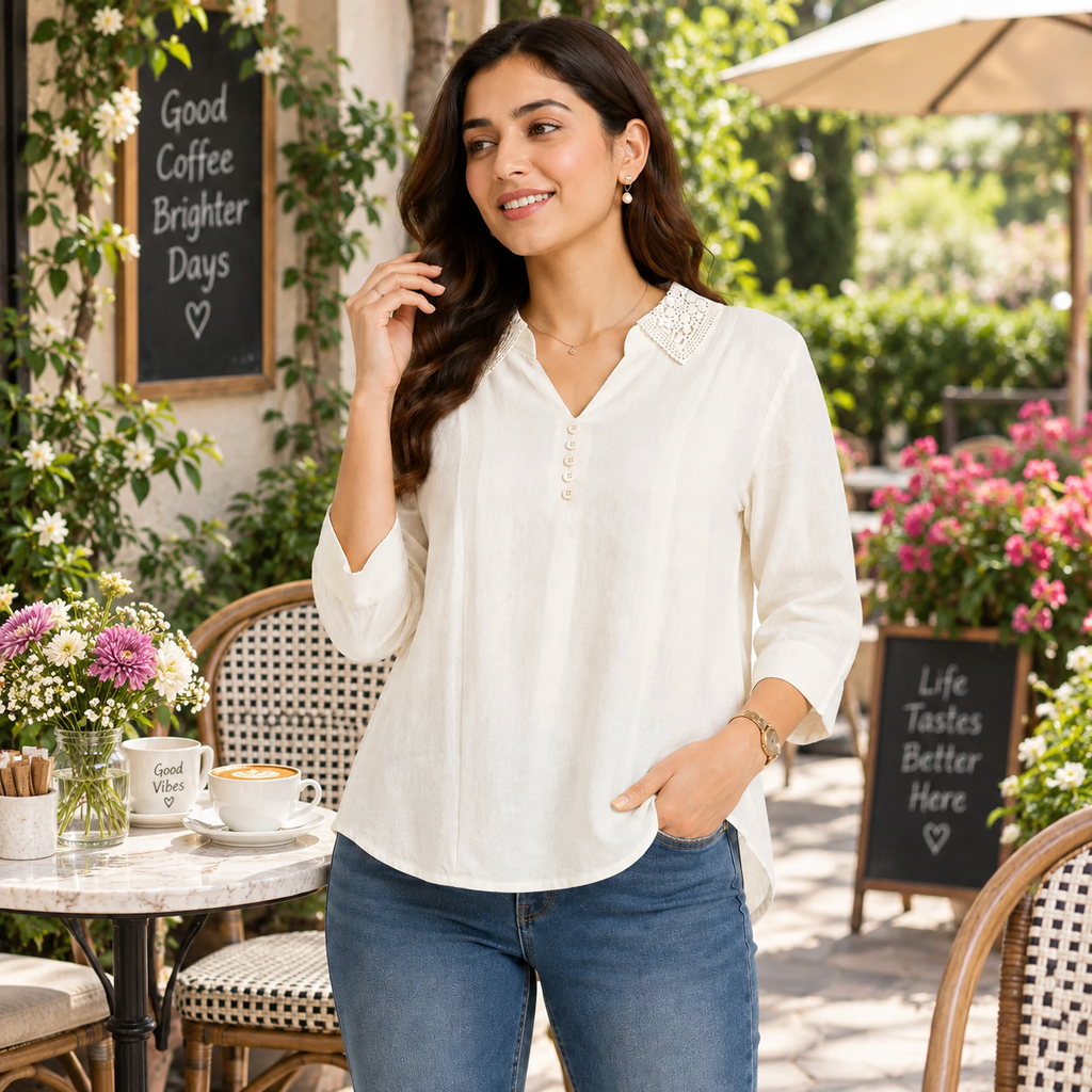 Women’s Cream White Collar Top - ANS Billion