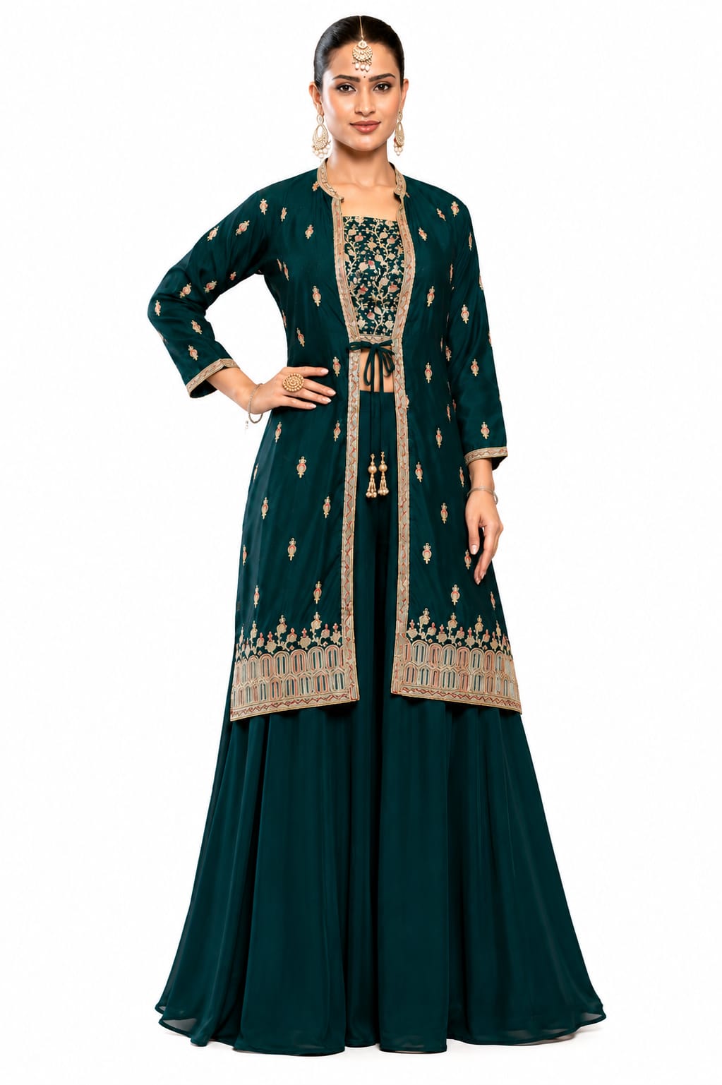 Women's Embroidered 3-Piece Ethnic Co-Ord Set with Jacket, Crop Top &amp; Palazzo - ANS Billons