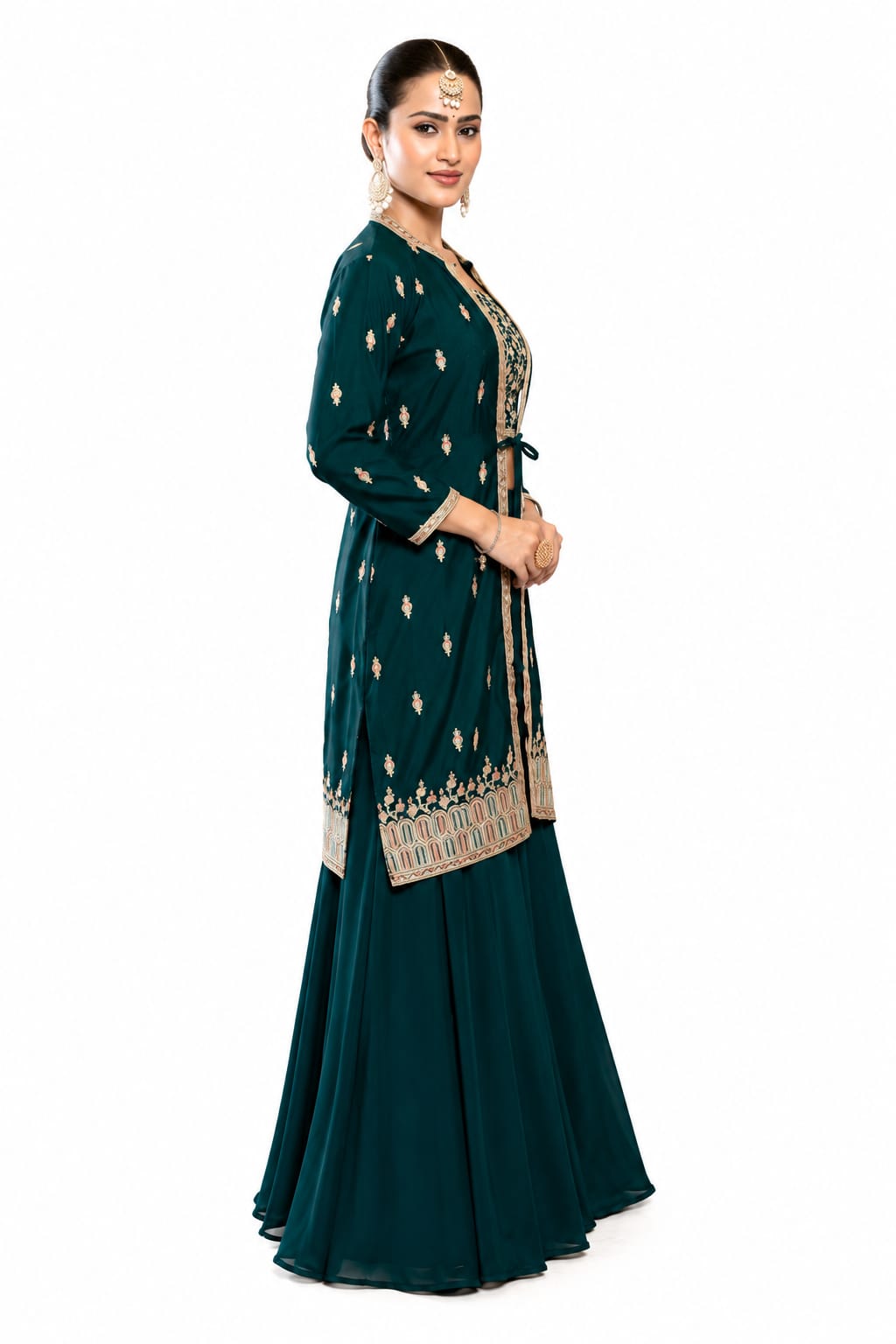 Women's Embroidered 3-Piece Ethnic Co-Ord Set with Jacket, Crop Top &amp; Palazzo - ANS Billons