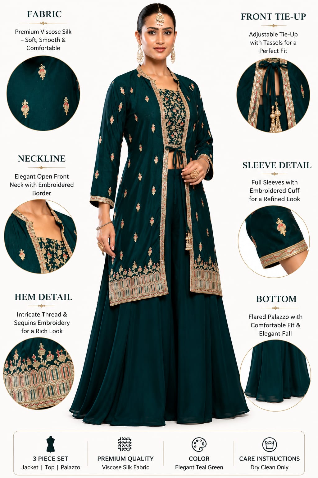 Women's Embroidered 3-Piece Ethnic Co-Ord Set with Jacket, Crop Top &amp; Palazzo - ANS Billons