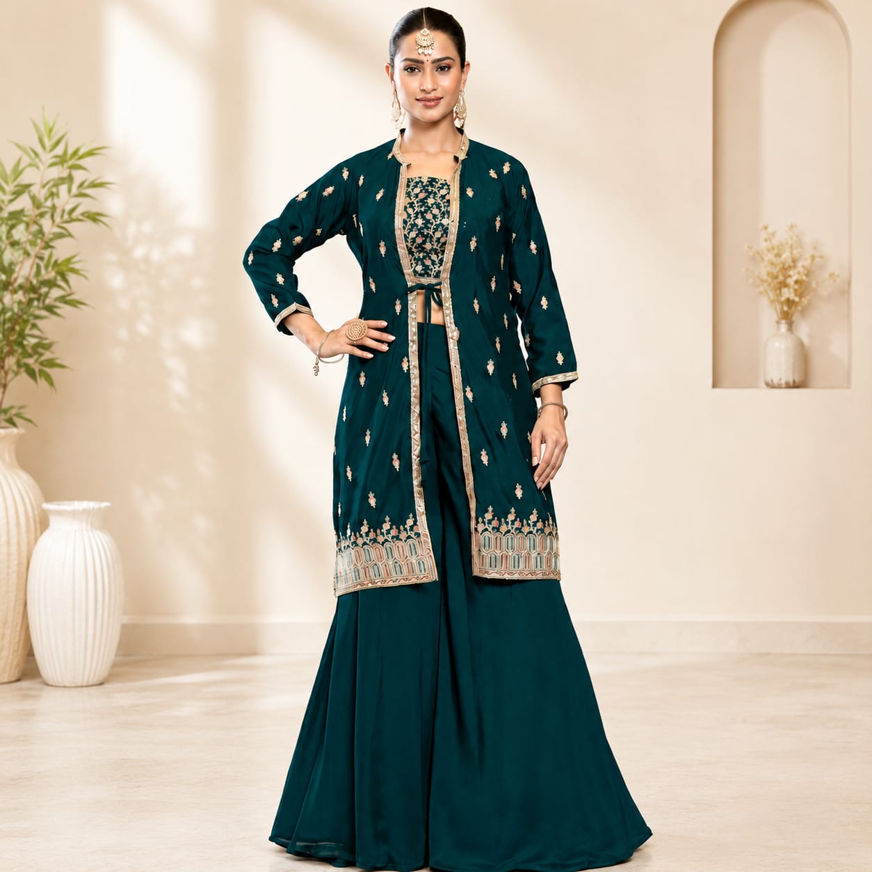 Women's Embroidered 3-Piece Ethnic Co-Ord Set with Jacket, Crop Top &amp; Palazzo - ANS Billons