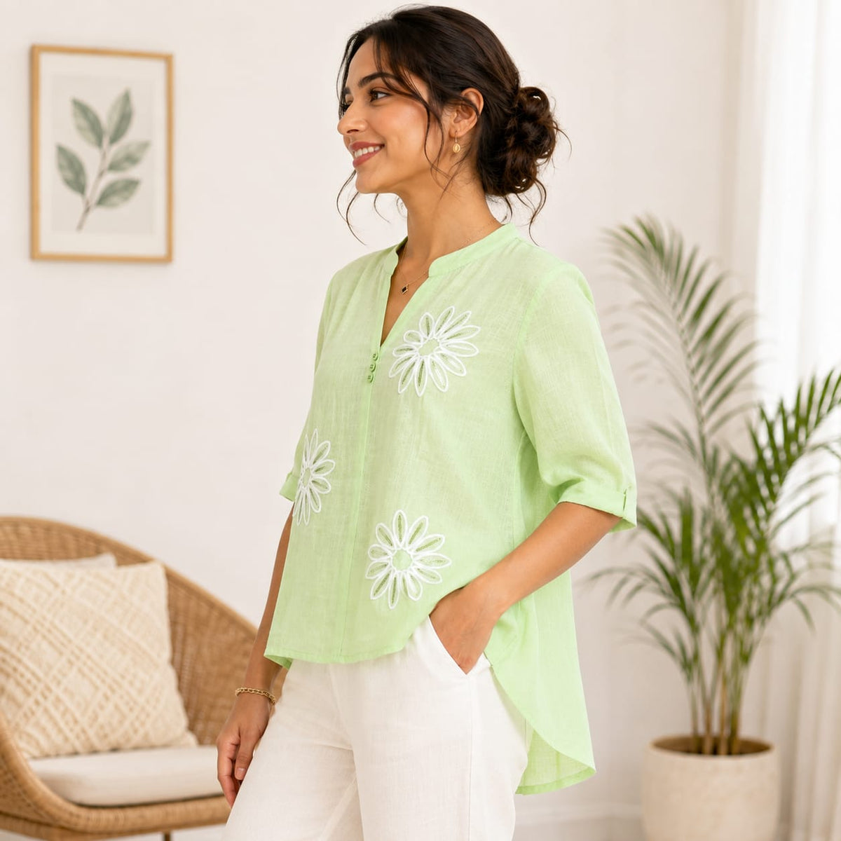 Women’s Light Green Floral Embroidered V-Neck Top - ANS Billion