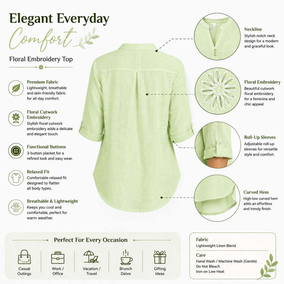 Women’s Light Green Floral Embroidered V-Neck Top - ANS Billion