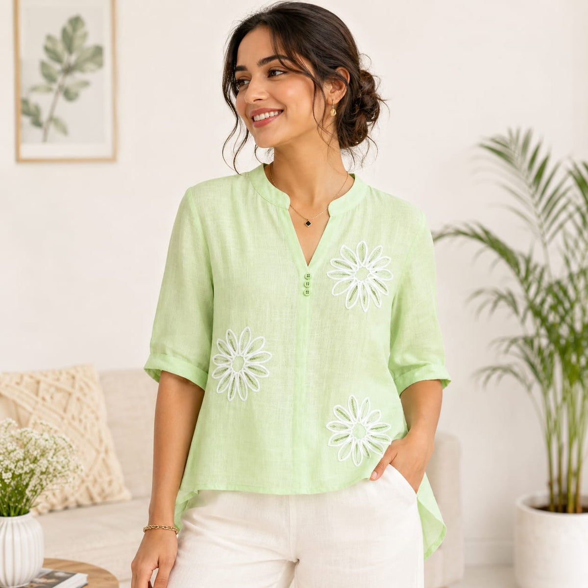 Women’s Light Green Floral Embroidered V-Neck Top - ANS Billion
