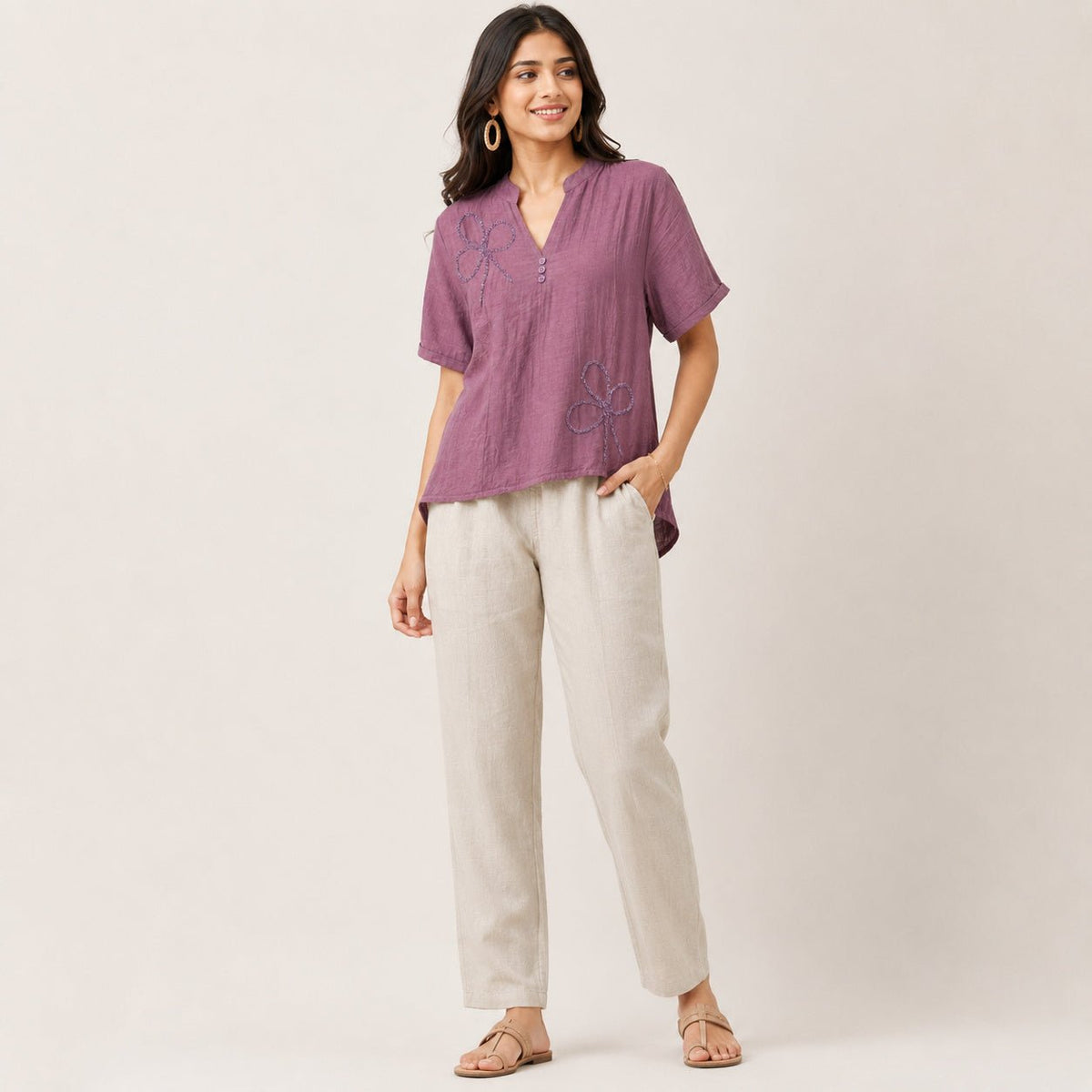 Women’s Mauve Purple Embroidered High-Low Top - ANS Billion