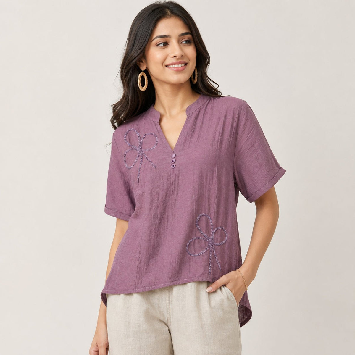 Women’s Mauve Purple Embroidered High-Low Top - ANS Billion