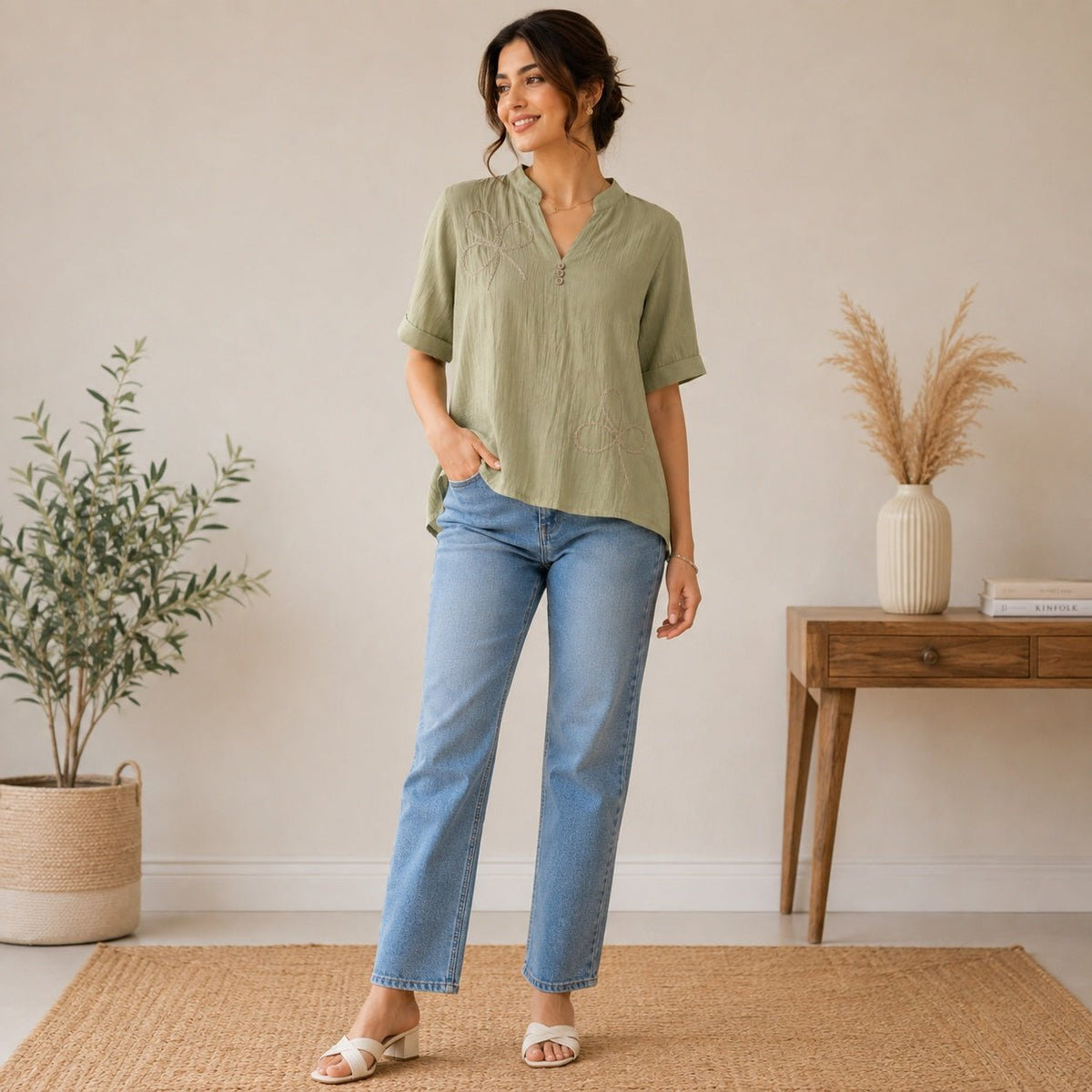 Women’s Olive Green Embroidered High-Low Top - ANS Billion