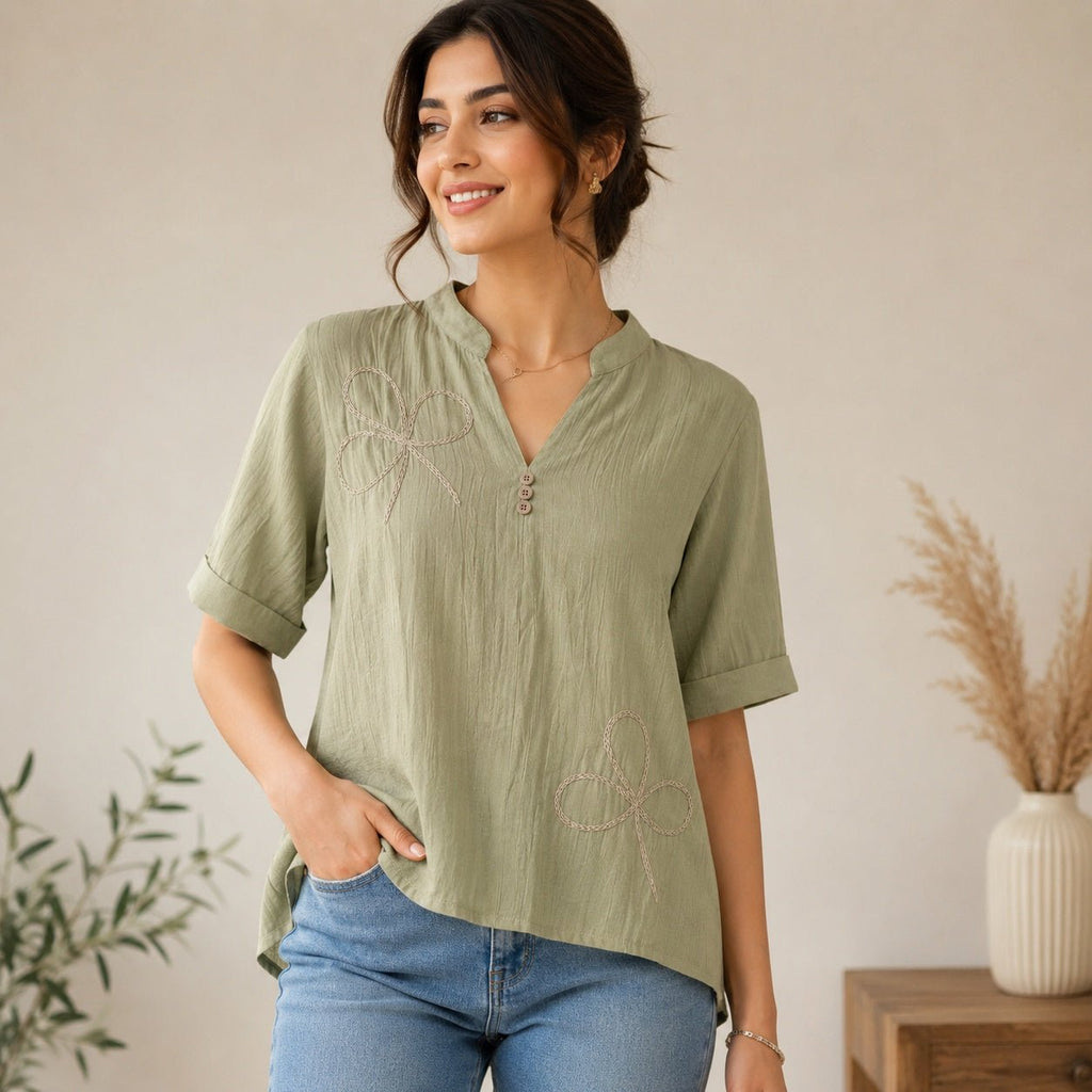 Women’s Olive Green Embroidered High-Low Top - ANS Billion